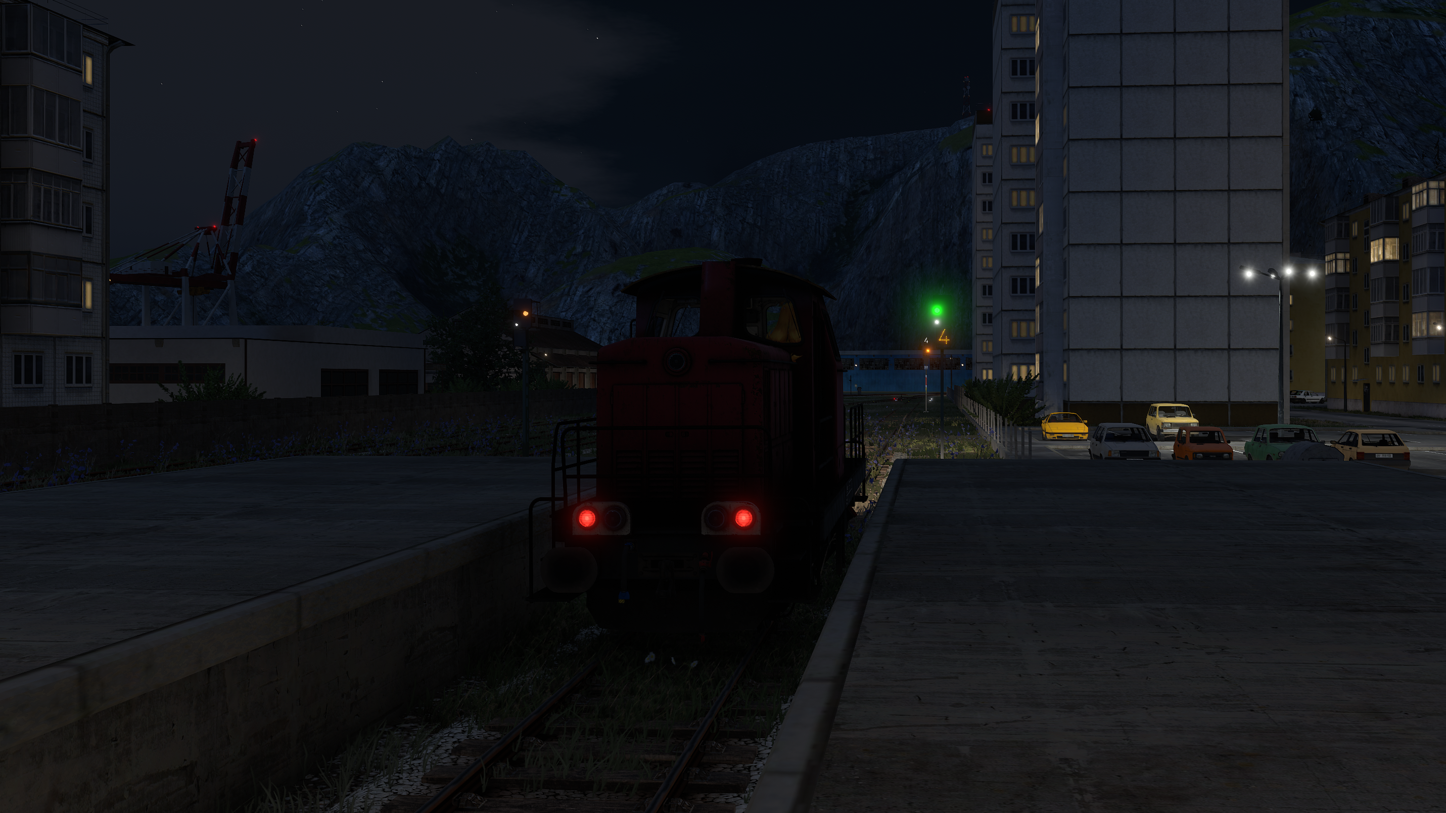 Locomotve in front of a row of signals